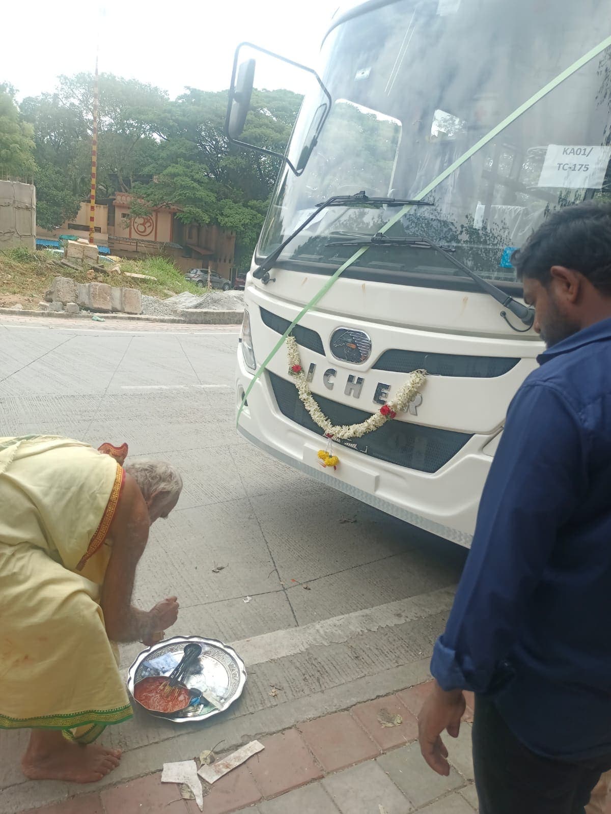 Traditional pooja being performed for a newly delivered Sree Ayyappa Tourist bus